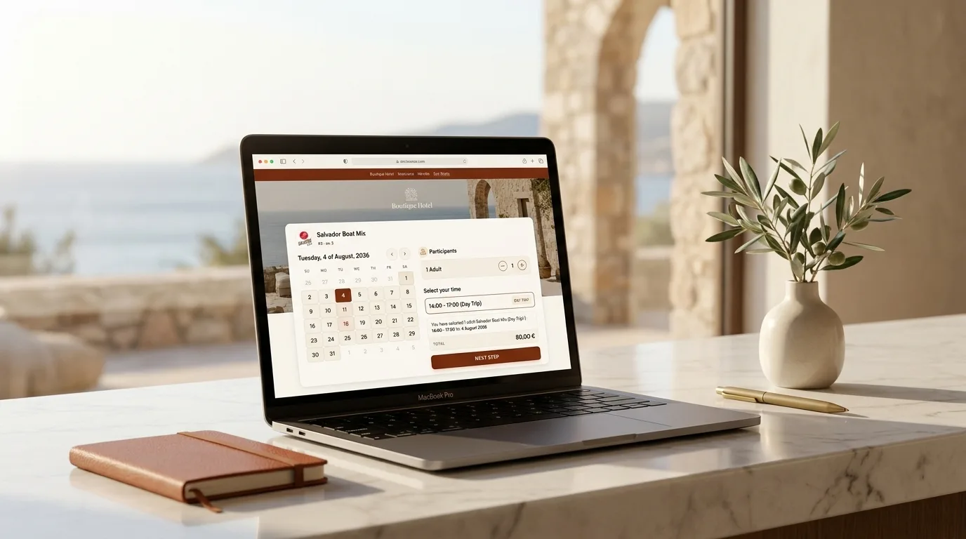 Salvador Ibiza boekingswidget ingebed op een boutique hotelwebsite — concierge mockup